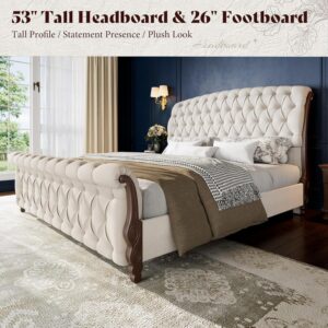 AMERLIFE Upholstered King Bed Frame, 53" Tall Sleigh Bed with Button Tufted Chenille Headboard and Footboard, Platform Bed with Carved Solid Wood Legs, No Box Spring Needed, Cream - Image 4