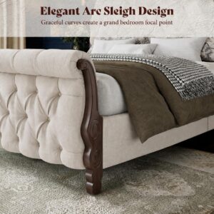 AMERLIFE Upholstered King Bed Frame, 53" Tall Sleigh Bed with Button Tufted Chenille Headboard and Footboard, Platform Bed with Carved Solid Wood Legs, No Box Spring Needed, Cream - Image 6