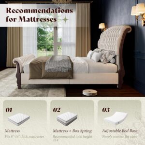 AMERLIFE Upholstered King Bed Frame, 53" Tall Sleigh Bed with Button Tufted Chenille Headboard and Footboard, Platform Bed with Carved Solid Wood Legs, No Box Spring Needed, Cream - Image 8