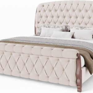 AMERLIFE Upholstered King Bed Frame, 53" Tall Sleigh Bed with Button Tufted Chenille Headboard and Footboard, Platform Bed with Carved Solid Wood Legs, No Box Spring Needed, Cream - Image 9