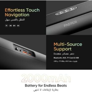 Faster Ryzo Z16 Soundbar - 16W Wireless Sound Bar 415x133x100mm Bluetooth 5.3 EDR 5H Playback RGB Light TWS - Portable Speaker USB AUX, TF Card - Hands-Free Call 360° Surround Sound (Charcoal Grey) - Image 4