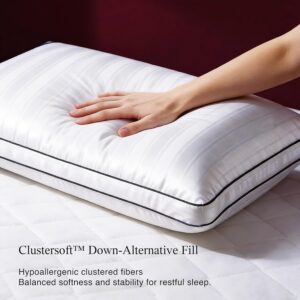 Blue Ridge Home Fashions Luxury Hotel Collection Bed Pillows Queen Size Set of 2, Soft Medium 500 Thread Count Damask Stripe Embroidered 100% Cotton Cover, Gusseted Down Alternative - Image 4