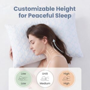Meoflaw Adjustable Memory Foam Bed Pillows:Queen Size Shredded Foam Pillow Set of 2 for Sleeping with Removable & Washable Pillowcase for Back,Side & Stoamch Sleeper-Medium Firm - Image 4