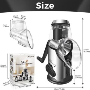 Airpro Rotary Cheese Grater with Handle - Vegetable Shredder with 3 Stainless Steel Blades & Strong Suction Base,Round Mandoline Slicer & Food Chopper for Kitchen - Image 3
