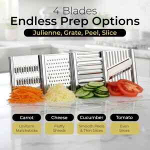 Gramercy Handheld Mandoline Slicer for Kitchen - Stainless Steel Veggie & Fruit Slicer with 4 Blades - Slicer, Julienne & Grater; Cut Resistant Safety Glove & Cleaning Brush Included; Dishwasher Safe - Image 3
