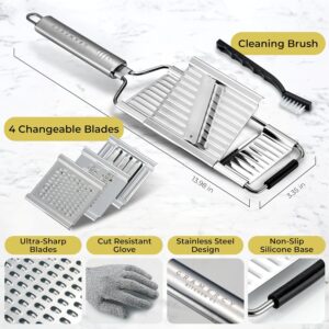 Gramercy Handheld Mandoline Slicer for Kitchen - Stainless Steel Veggie & Fruit Slicer with 4 Blades - Slicer, Julienne & Grater; Cut Resistant Safety Glove & Cleaning Brush Included; Dishwasher Safe - Image 5