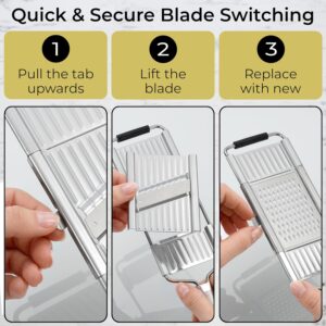 Gramercy Handheld Mandoline Slicer for Kitchen - Stainless Steel Veggie & Fruit Slicer with 4 Blades - Slicer, Julienne & Grater; Cut Resistant Safety Glove & Cleaning Brush Included; Dishwasher Safe - Image 6