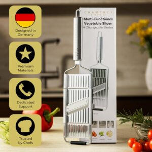 Gramercy Handheld Mandoline Slicer for Kitchen - Stainless Steel Veggie & Fruit Slicer with 4 Blades - Slicer, Julienne & Grater; Cut Resistant Safety Glove & Cleaning Brush Included; Dishwasher Safe - Image 7