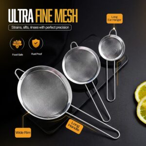 ELEEN Premium Stainless Steel Fine Mesh Strainers for Kitchen 3-Piece Set with Non-Slip Handle, Small, Medium & Large Sieves, Colanders and Sifter for Sifting, Straining, Pastas Tea, Rice Vegetables - Image 3