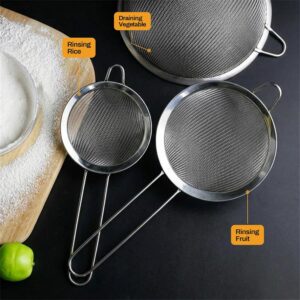 ELEEN Premium Stainless Steel Fine Mesh Strainers for Kitchen 3-Piece Set with Non-Slip Handle, Small, Medium & Large Sieves, Colanders and Sifter for Sifting, Straining, Pastas Tea, Rice Vegetables - Image 4