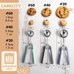 Cookie Scoop set, Cookie Scoops for Baking Set of 3, Size #60/ #40/ #20, Cookie Dough Scoop, Non-Slip Grip, Blue/Black/Mint Handle, For Cookies Muffin Cupcake Meatball Ice Cream - Image 3
