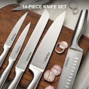 14 Pieces Knife Block Set German Stainless Steel with Block, Razor-Sharp Santoku Knives, Fruit & Kitchen Knives, Rust Resistant for Homecooks (Silver + Walnut) - Image 8