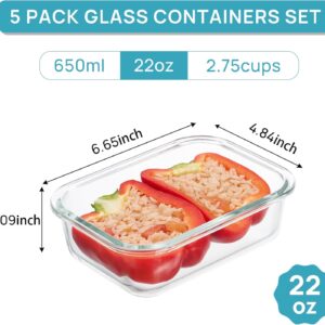 Vtopmart 5Pack 22oz Glass Storage Containers with Lids, Glass Meal Prep Food Container Sets with Snap Airtight Lids for Microwave, Oven, Freezer and Dishwasher, Grey - Image 3