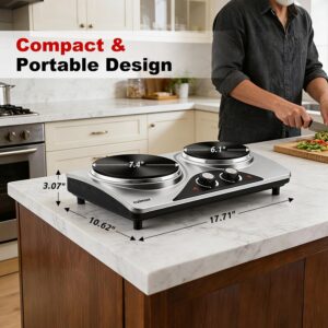 Double Burner, CUSIMAX Electric Hot Plate for Cooking, 1800 Watts Portable Countertop Burner, Cast Iron Hot Plates with Dual Adjustable Temperature, Easy to Clean, Sliver - Image 3