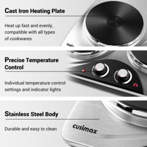 Double Burner, CUSIMAX Electric Hot Plate for Cooking, 1800 Watts Portable Countertop Burner, Cast Iron Hot Plates with Dual Adjustable Temperature, Easy to Clean, Sliver - Image 4