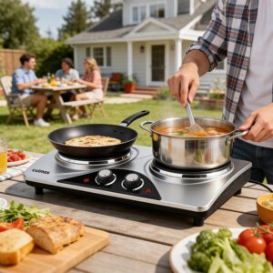 Double Burner, CUSIMAX Electric Hot Plate for Cooking, 1800 Watts Portable Countertop Burner, Cast Iron Hot Plates with Dual Adjustable Temperature, Easy to Clean, Sliver - Image 7