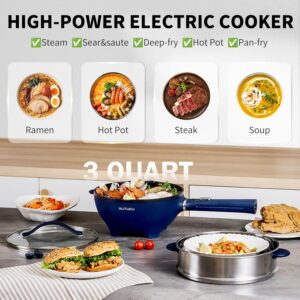 AUTUCU 3-Quart Electric Hot Pot & wok Nonstick with Steamer | Electric Skillet 1200W for Dorm, Home, Gifts (Includes Silicone Spatula) Multi-Cooker - Image 3