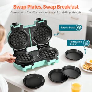 2-in-1 Double Waffle & Pancake Maker - CACHOO Mini 4" Nonstick Waffle Iron & Small Round Griddle with 4 Removable Plate Sets, Dishwasher Safe, Perfect for Small Spaces, Apartments & Dorms, Aqua - Image 3
