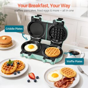 2-in-1 Double Waffle & Pancake Maker - CACHOO Mini 4" Nonstick Waffle Iron & Small Round Griddle with 4 Removable Plate Sets, Dishwasher Safe, Perfect for Small Spaces, Apartments & Dorms, Aqua - Image 5