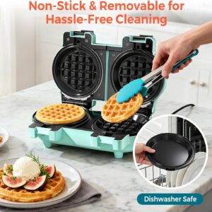 2-in-1 Double Waffle & Pancake Maker - CACHOO Mini 4" Nonstick Waffle Iron & Small Round Griddle with 4 Removable Plate Sets, Dishwasher Safe, Perfect for Small Spaces, Apartments & Dorms, Aqua - Image 7