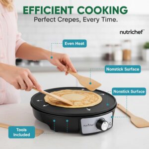 Nutrichef Electric Crepe Maker Pan & Griddle | 12 Inch Nonstick Cooktop | LED Indicators & Adjustable Temperature Control | Includes Spatula, Batter Spreader | Cooks Crepes, Roti & Pancakes - Image 5