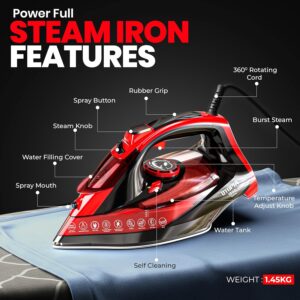 Utopia Home Steam Iron for Clothes - Non-Stick Soleplate - 1800W Clothes Iron With Auto-Off Safety Feature - Adjustable Thermostat Control, Variable Steam Control, Self-Clean, 8 Feet Cord (Black/Red) - Image 8