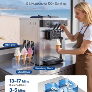 VEVOR Commercial Ice Cream Machine, 20-28L/H Yield, 2200W 3-Flavor Countertop Soft Serve Ice Cream Maker with 2 x 6L Hoppers & Hopper Agitation, Pre-Cooling Self-Cleaning for Snack Dessert Shops - Image 6