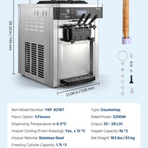 VEVOR Commercial Ice Cream Machine, 20-28L/H Yield, 2200W 3-Flavor Countertop Soft Serve Ice Cream Maker with 2 x 6L Hoppers & Hopper Agitation, Pre-Cooling Self-Cleaning for Snack Dessert Shops - Image 9