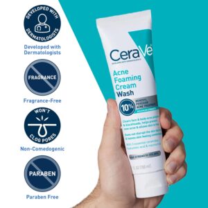 CeraVe Acne Foaming Cream Wash, Gentle Face and Body Cleanser with Benzoyl Peroxide 10%, Hyaluronic Acid, and Niacinamide, 10% Benzoyl Peroxide Treatment Clears Pimples and Blackheads 5 Oz - Image 6