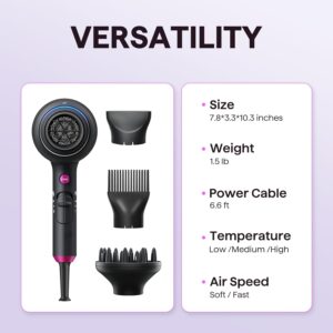 Wavytalk Hair Dryer with Diffuser, Blown Away Ionic Hair Dryer for Curly Hair with Comb, 1875W Fast Drying Blow Dryer with Ceramic Technology, 3 Attachments for All Hair Types, Light and Quiet, Black - Image 7