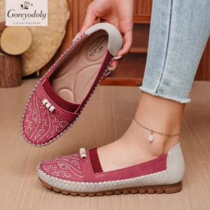 Goreyodoly women slip on loafers hollow pattern patchwork design elastic band breathable lightweight casual walking shoes soft - Image 3