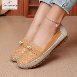 Goreyodoly women slip on loafers hollow pattern patchwork design elastic band breathable lightweight casual walking shoes soft - Image 5