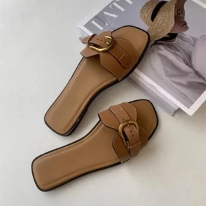 Slippers for Woman 2025 Summer Beach Flats Ladies Buckle Slides Gladiator Sandals Luxury Leather Mules Zapatos Mujer - Image 4