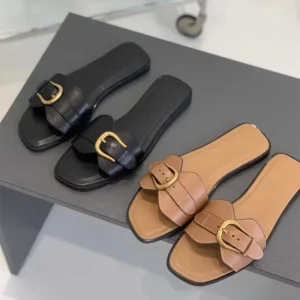 Slippers for Woman 2025 Summer Beach Flats Ladies Buckle Slides Gladiator Sandals Luxury Leather Mules Zapatos Mujer - Image 5