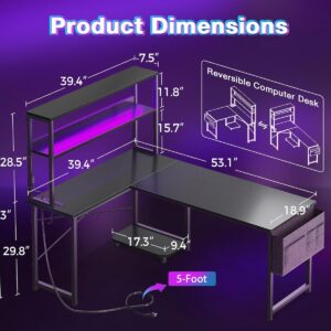 AODK L Shaped Desk Gaming Desk with LED Light & Power Outlet, 53 Inch Reversible L Shaped Computer Table with Shelf & Storage Bag & Hook for Home Office, Black - Image 3