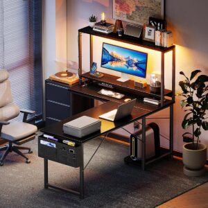 AODK L Shaped Desk Gaming Desk with LED Light & Power Outlet, 53 Inch Reversible L Shaped Computer Table with Shelf & Storage Bag & Hook for Home Office, Black - Image 8
