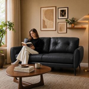 TYBOATLE Sofa Couch 61" Small Loveseat Couches for Living Room, Black Faux Leather Couch Mid Century Modern Tufted Mini Sofa Comfy Office 2 Seat Settee Love Seat Couches for Small Spaces Bedroom - Image 7