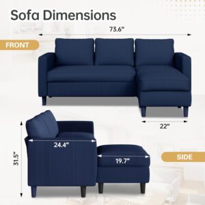 Couches for Living Room, 3-Seat Reversible Sectional Sofa with Convertible Ottoman, Modern Ribbed Fabric L-Shaped Couch for Small Apartment, Studio & Office, Easy Assembly, Blue - Image 2