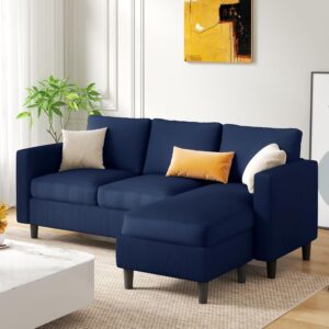 Couches for Living Room, 3-Seat Reversible Sectional Sofa with Convertible Ottoman, Modern Ribbed Fabric L-Shaped Couch for Small Apartment, Studio & Office, Easy Assembly, Blue - Image 3
