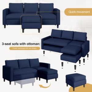 Couches for Living Room, 3-Seat Reversible Sectional Sofa with Convertible Ottoman, Modern Ribbed Fabric L-Shaped Couch for Small Apartment, Studio & Office, Easy Assembly, Blue - Image 5