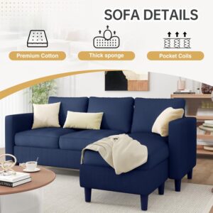 Couches for Living Room, 3-Seat Reversible Sectional Sofa with Convertible Ottoman, Modern Ribbed Fabric L-Shaped Couch for Small Apartment, Studio & Office, Easy Assembly, Blue - Image 6