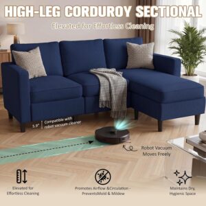 Couches for Living Room, 3-Seat Reversible Sectional Sofa with Convertible Ottoman, Modern Ribbed Fabric L-Shaped Couch for Small Apartment, Studio & Office, Easy Assembly, Blue - Image 8
