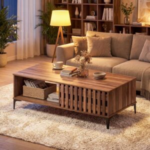 Giantex Mid Century Coffee Table with Storage, 47 Inch Wood Center Table with Fluted Door, Front & Rear Cabinets, Accent Cocktail Tea Table with Sturdy Metal Legs, Farmhouse Living Room Tables, Brown - Image 2