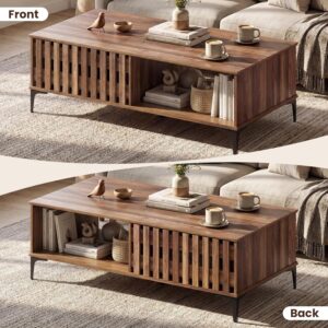 Giantex Mid Century Coffee Table with Storage, 47 Inch Wood Center Table with Fluted Door, Front & Rear Cabinets, Accent Cocktail Tea Table with Sturdy Metal Legs, Farmhouse Living Room Tables, Brown - Image 3