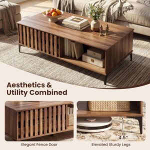 Giantex Mid Century Coffee Table with Storage, 47 Inch Wood Center Table with Fluted Door, Front & Rear Cabinets, Accent Cocktail Tea Table with Sturdy Metal Legs, Farmhouse Living Room Tables, Brown - Image 4