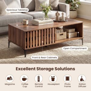 Giantex Mid Century Coffee Table with Storage, 47 Inch Wood Center Table with Fluted Door, Front & Rear Cabinets, Accent Cocktail Tea Table with Sturdy Metal Legs, Farmhouse Living Room Tables, Brown - Image 5