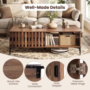 Giantex Mid Century Coffee Table with Storage, 47 Inch Wood Center Table with Fluted Door, Front & Rear Cabinets, Accent Cocktail Tea Table with Sturdy Metal Legs, Farmhouse Living Room Tables, Brown - Image 6