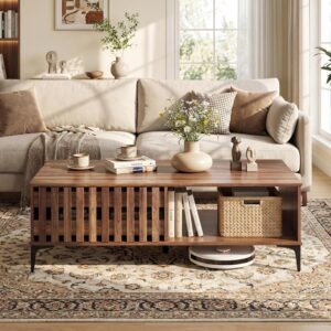 Giantex Mid Century Coffee Table with Storage, 47 Inch Wood Center Table with Fluted Door, Front & Rear Cabinets, Accent Cocktail Tea Table with Sturdy Metal Legs, Farmhouse Living Room Tables, Brown - Image 7