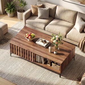 Giantex Mid Century Coffee Table with Storage, 47 Inch Wood Center Table with Fluted Door, Front & Rear Cabinets, Accent Cocktail Tea Table with Sturdy Metal Legs, Farmhouse Living Room Tables, Brown - Image 8