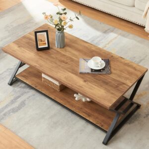 HOMISSUE Coffee Table, Rustic Rectangle Coffee Table with 2-Tier Storage, Engineered Wood Center Table with Open Shelves, Minimalist Coffee Table for Living Room, 47 Inch, Oak Brown - Image 2